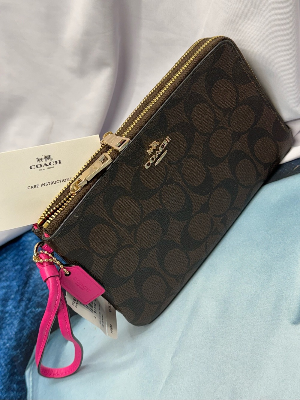 (new+tag) Coach Double-Zip Wristlet Brown Signature Monogram - Pink Wrist Strap - Picture 1 of 12
